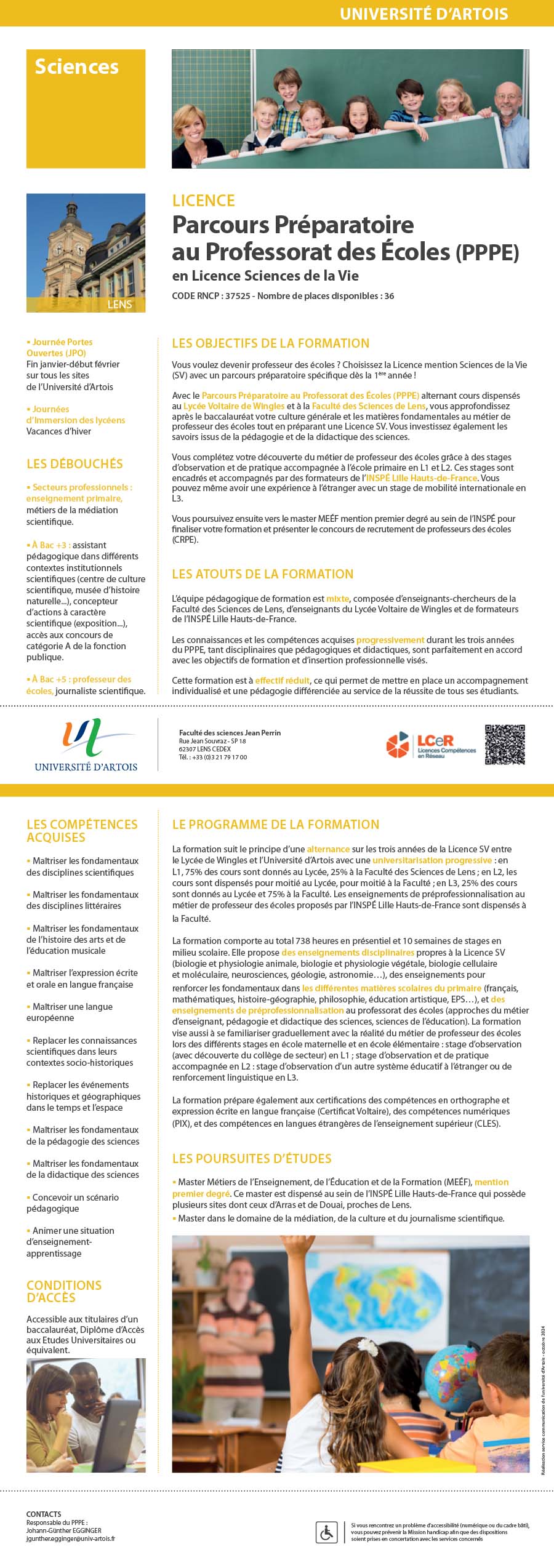 Licence Parcours Préparatoire au Professorat des Ecoles (PPPE) en Licence Sciences de la Vie H/F
