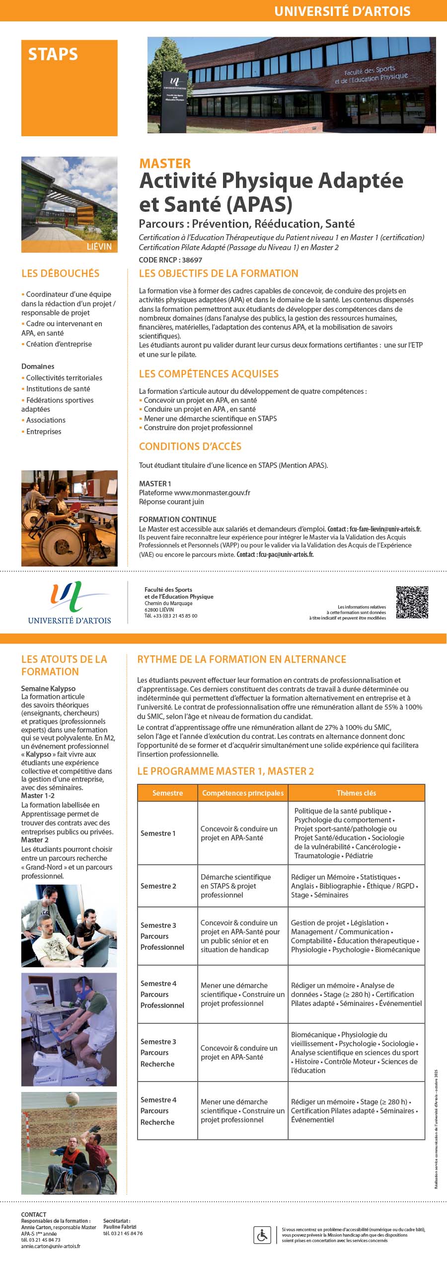 Master Activité Physique Adaptée et Santé (APAS) parcours Prévention, Rééducation et Santé H/F